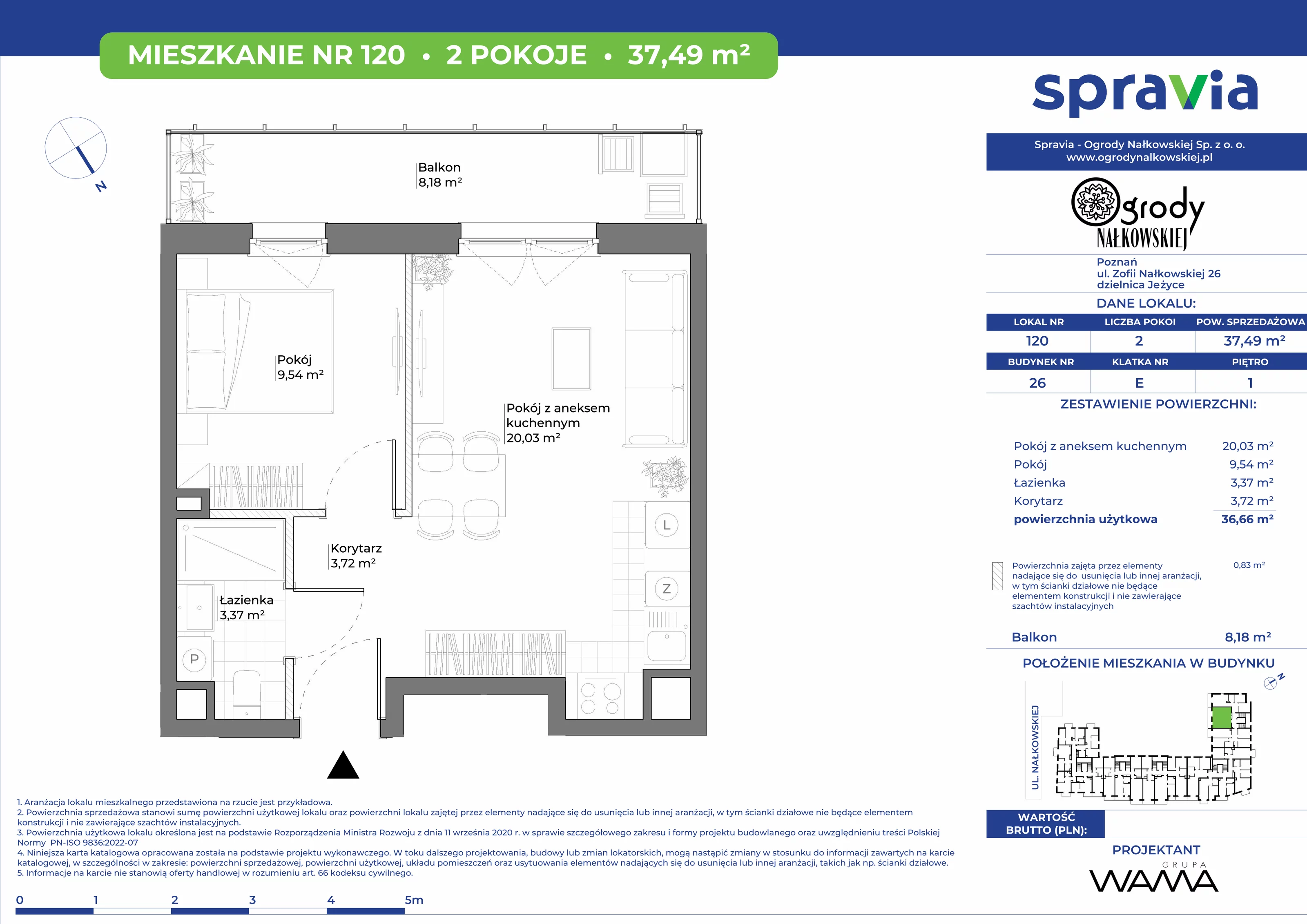 2 pokoje, mieszkanie 37,49 m², piętro 1, oferta nr 26-120, Ogrody Nałkowskiej, Poznań, Ogrody, ul. Nałkowskiej 24, 26